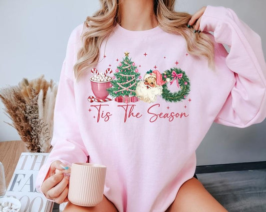 Tis The Season Christmas Sweatshirt, Coquette Bow Christmas Sweater, Retro Christmas Crewneck, Girly Christmas Sweater,...