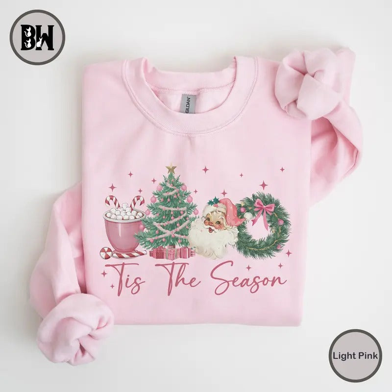 Tis The Season Pink Christmas Sweatshirt, Coquette Bow Christmas Shirt, Retro Christmas Crewneck, Girly Christmas...