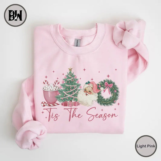 Tis The Season Pink Christmas Sweatshirt, Coquette Bow Christmas Shirt, Retro Christmas Crewneck, Girly Christmas...