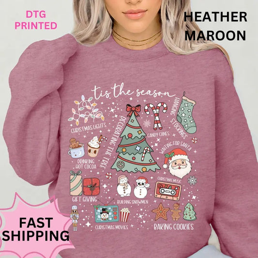 Tis the Season Christmas Sweatshirt Winter Graphic Long Sleeve Casual Cotton Polyester Oversized sweatshirt - Comfort...