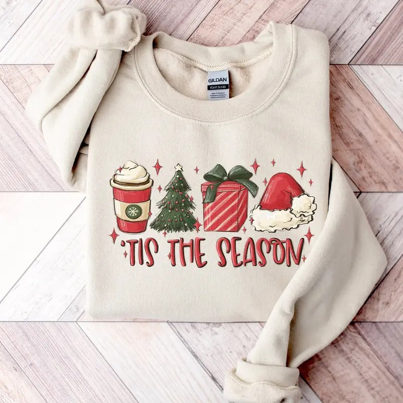 Tis the Season Christmas Sweatshirt, Christmas Coffee Shirt, Funny Christmas Crewneck Festive Holiday Tshirt Christmas...
