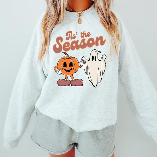 Tis the Season Halloween Sweatshirt #1, Pumpkin and Ghost, Fall Oversized Womens Halloween Crewneck, Gildan Sweatshirt...