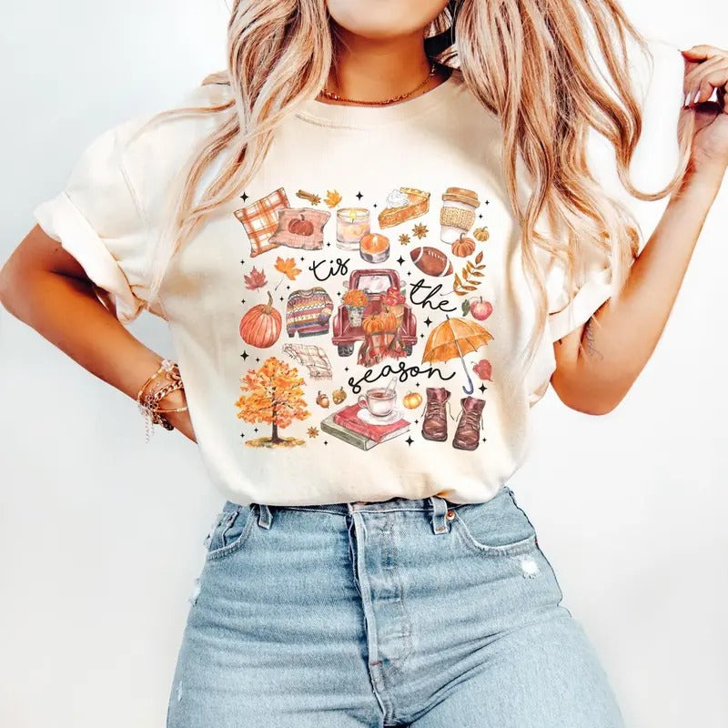 Tis the Season Shirt, Fall Football Shirt, Women's Fall Shirt, Pumpkin Season,  Autumn Doodle Cotton Womenswear Light...