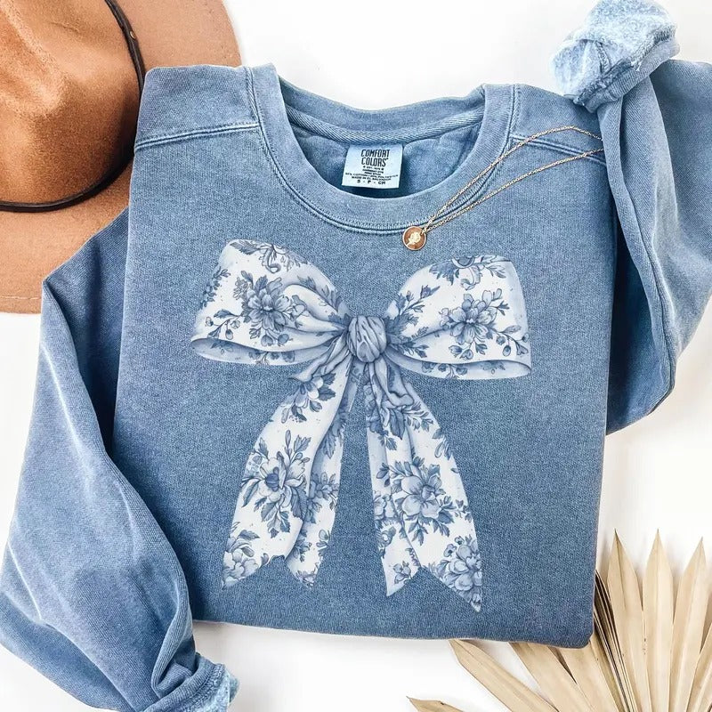 Toile De Jouy Coquette Bow Sweatshirt Blue Ribbon Sweater Girly Aesthetic T-Shirts, Hoodie | WearSparks.com