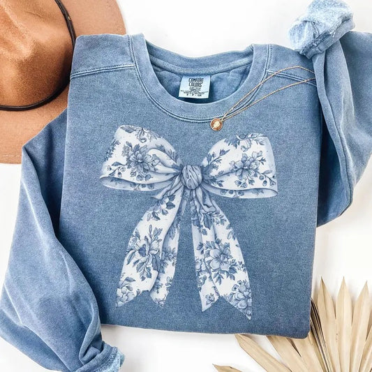 Toile De Jouy Coquette Bow Sweatshirt Blue Ribbon Sweater Girly Aesthetic T-Shirts, Hoodie | WearSparks.com