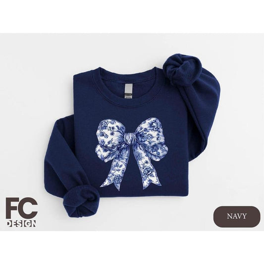 Toile De Jouy Coquette Bow Sweatshirt, Blue Ribbon Sweater, Girly Aesthetic Crewneck, Blue Toile Bow Shirt, Women...