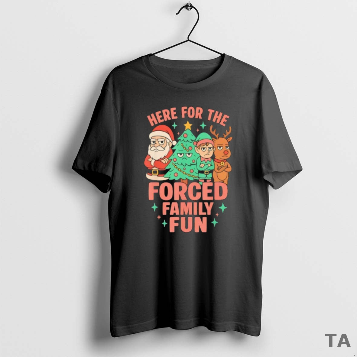 Top Santa Elf And Reindeer With Christmas Tree Here For The Forced Family Fun T-Shirts, Hoodie, Sweatshirt | WearSparks.com