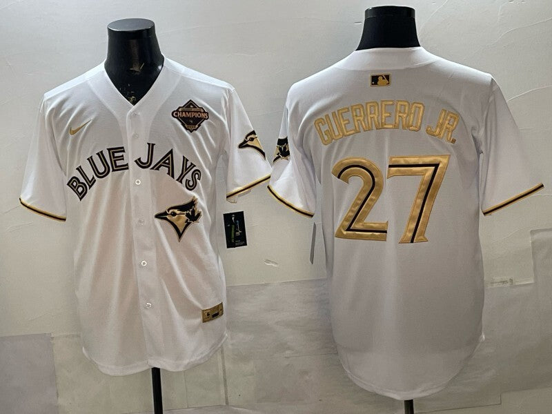 Toronto Blue Jays #27 Vladimir Guerrero Jr. Blue Jays Retro 5 Gold Text