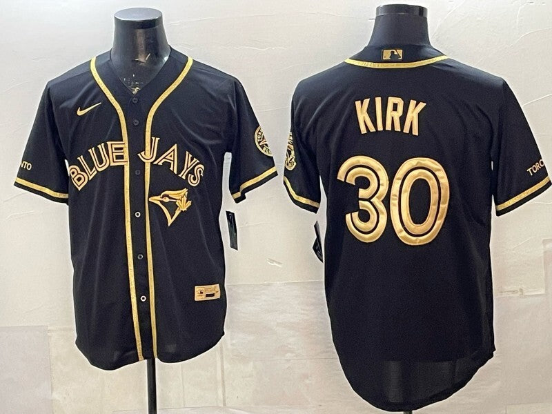 Toronto Blue Jays #30 Alejandro Kirk Blue Jays Retro 5 Gold Text Style 3