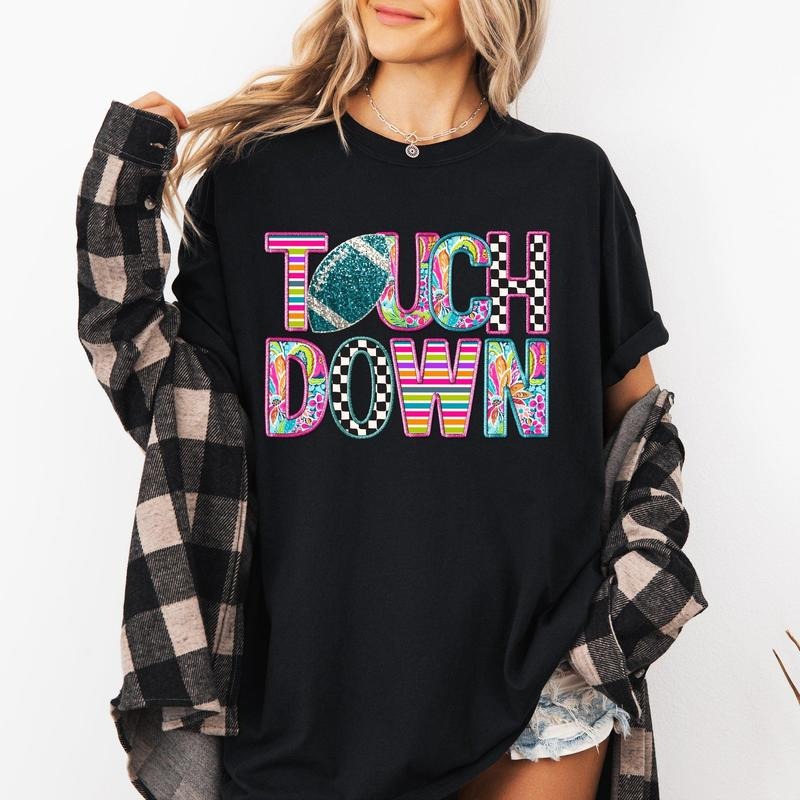 Touchdown, Faux Printed Embroidery Look, Colorful, Girly, Football, Sports, Game Day, Big Game, Tailgate Party Tshirt,...