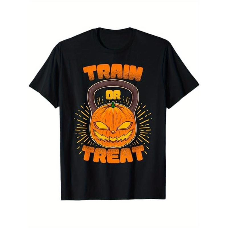 Train or Treat Pumpkin Kettlebell Gym Workout Halloween T-Shirt, 100% Cotton, Halloween Thanksgiving Christmas Gift for...