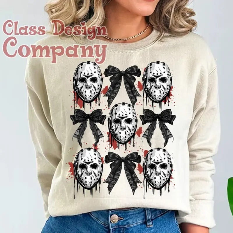 Trending Halloween Horror Faces with Coquette Bow Sweatshirt, Spooky Horror Movie Character Unisex Sweater Womenswear...