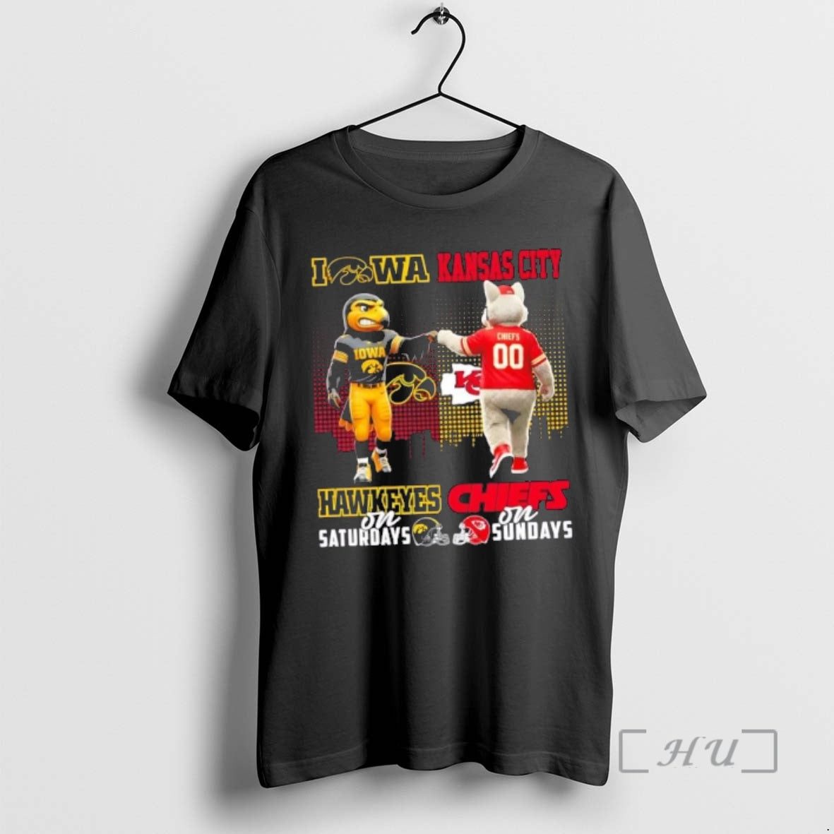 Trending Mascots Iowa Hawkeyes On Saturdays X Kansas City Chiefs On Sundays Skyline Premium T-Shirts, Hoodie, Sweatshirt