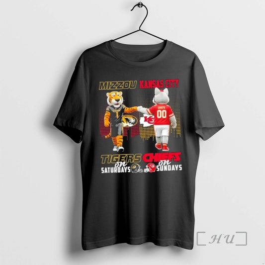 Trending Mascots Missouri Tigers On Saturdays X Kansas City Chiefs On Sundays Skyline Premium T-Shirts, Hoodie, Sweatshirt