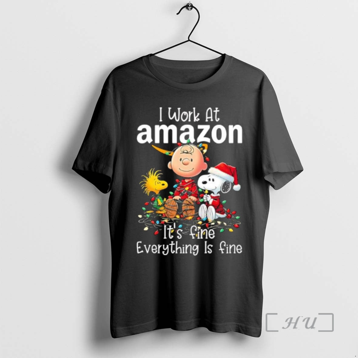 Trending Peanuts Characters Christmas Lights I Work At Amazon Its Fine Everything Is Fine Premium T-Shirts, Hoodie,...