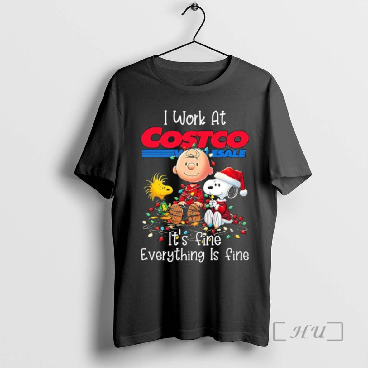 Trending Peanuts Characters Christmas Lights I Work At Costco Wholesale Its Fine Everything Is Fine T-Shirts, Hoodie,...