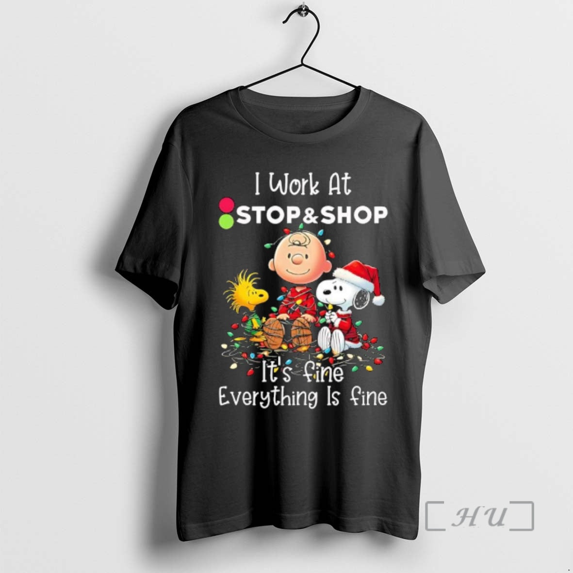 Trending Peanuts Characters Christmas Lights I Work At Stop Shop Its Fine Everything Is Fine T-Shirts, Hoodie, Sweatshirt