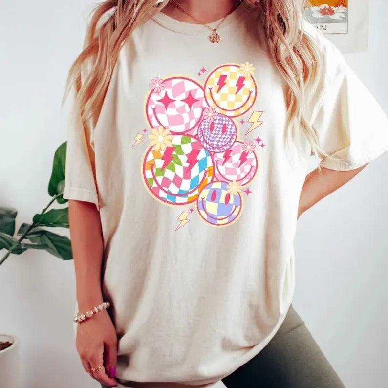 Trendy Checkered Smiley Face Tshirt, Checkered Smiley Face Shirt, Checkered Smile Face Sweatshirt, Gift For Her Hoodie