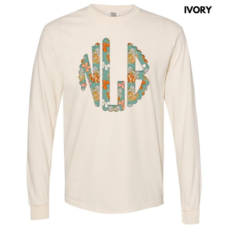 Trendy Pumpkin & Bow Monogram Long Sleeve Comfort Colors T-Shirt 'NLB' Hoodie, Sweatshirt | WearSparks.com