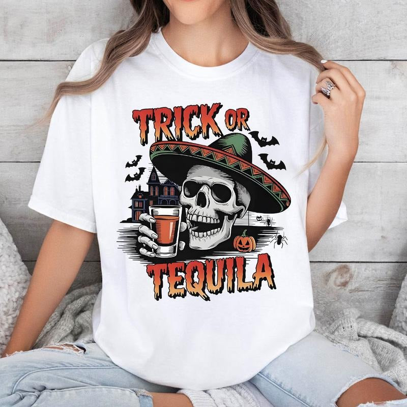 Trick Or Tequilla Shirt, Halloween Shirt, Mexico Halloween Shirt, Retro Halloween Shirt, Skull Shirt Hoodie, Sweatshirt