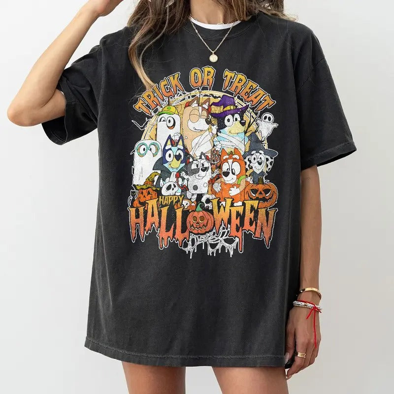 Trick Or Treat Halloween Blue Dog Unisex Soft Tee | Must Have Halloween Shirt Hoodie, Sweatshirt | WearSparks.com