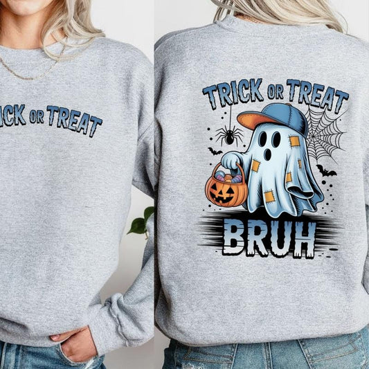 Trick or Treat Bruh Ghost Halloween Sweatshirt, Funny Spooky Ghost Crewneck, Cute Pumpkin Candy Costume Pullover...