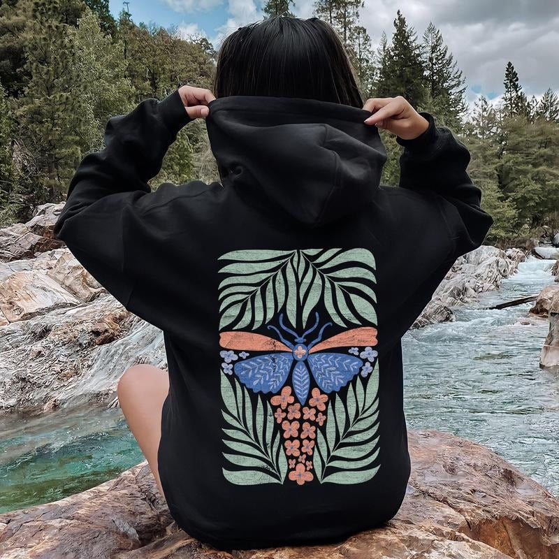 Tropical Butterfly and Palm Design, Boho Print Hoodie T-Shirts, Sweatshirt | WearSparks.com