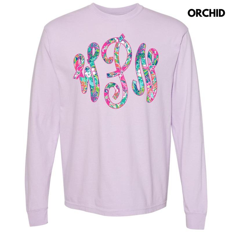 Tropical Monogram Long Sleeve Comfort Colors T-Shirt 'NLB' Hoodie, Sweatshirt | WearSparks.com