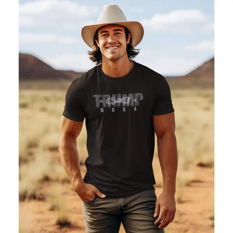 Trum 45-47 MGA US Flag T-Shirt Trum T Shirt Trum Us Flag 45 47 T-Shirt Printed Front and Back Trum Support Black T-Shirt...