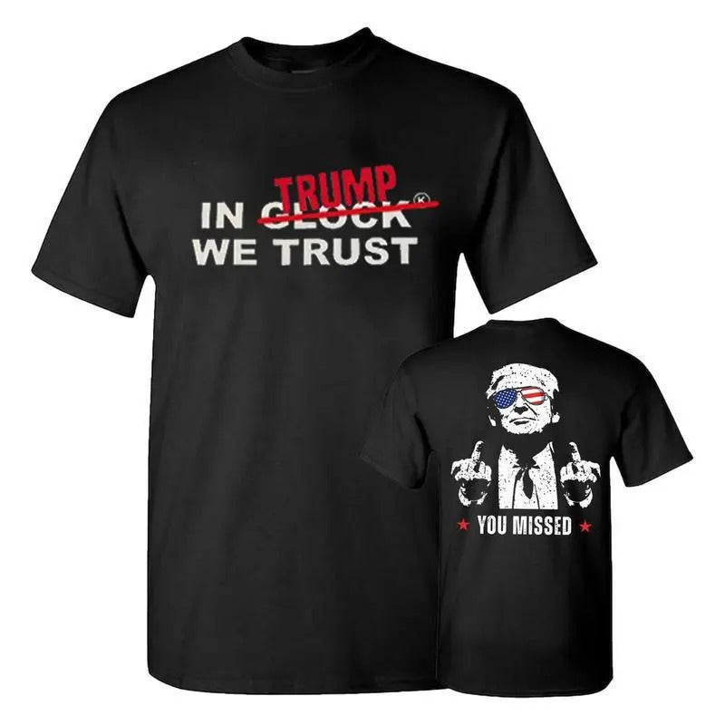 Trum You Missed In Trum We Trust 2024 Unisex Cotton 2-Side Funny T-Shirt, Trum Never Surrender Vance USA Flag Shirt, Trum...