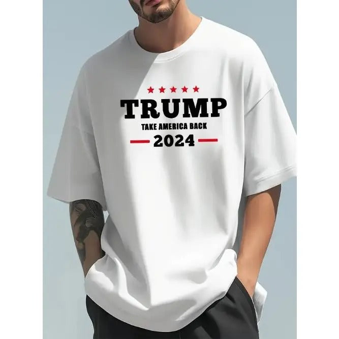 "Trump 2024" letter print men's crew neck short-sleeved T-shirt, suitable for everyday wear and casual summer T-shirts at...
