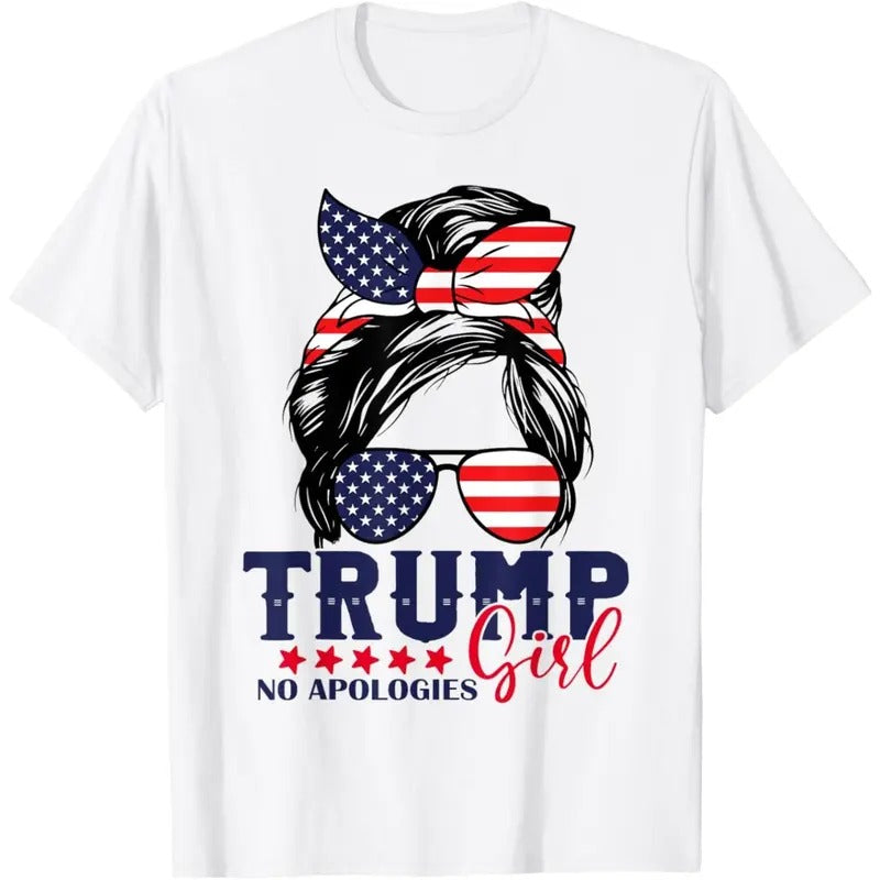 Trump Girl No Apologies Messy Bun Trump 2024 American Flag T-Shirt made in usa Hoodie, Sweatshirt | WearSparks.com