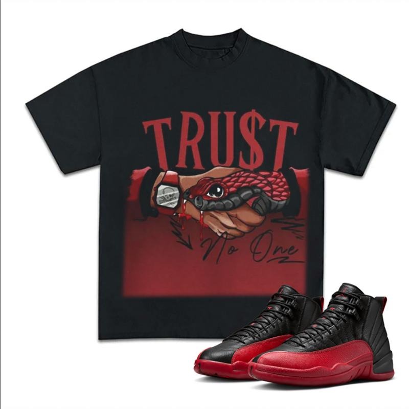 Trust No One Match 12 Flu Game Sneakers, Unisex Cotton Graphic Tee, Y2K Inspired T-shirt, Fitted for Streetwear Fans...