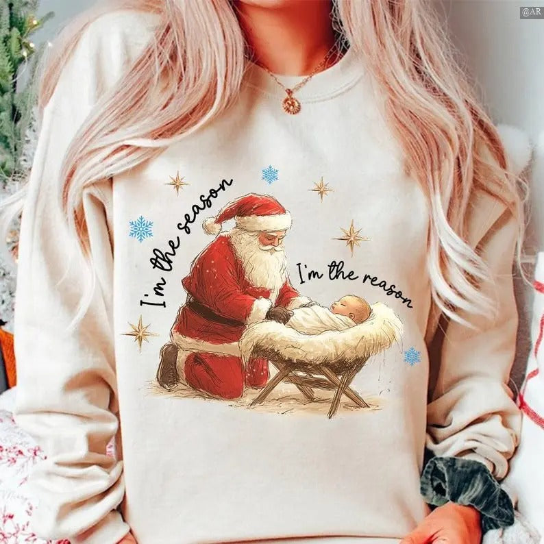 Jesus Is The Reason For The Season Sweatshirt/Hoodie/Tshirt , Santa and Jesus Christmas Shirt, Retro Crewneck, Gift For...