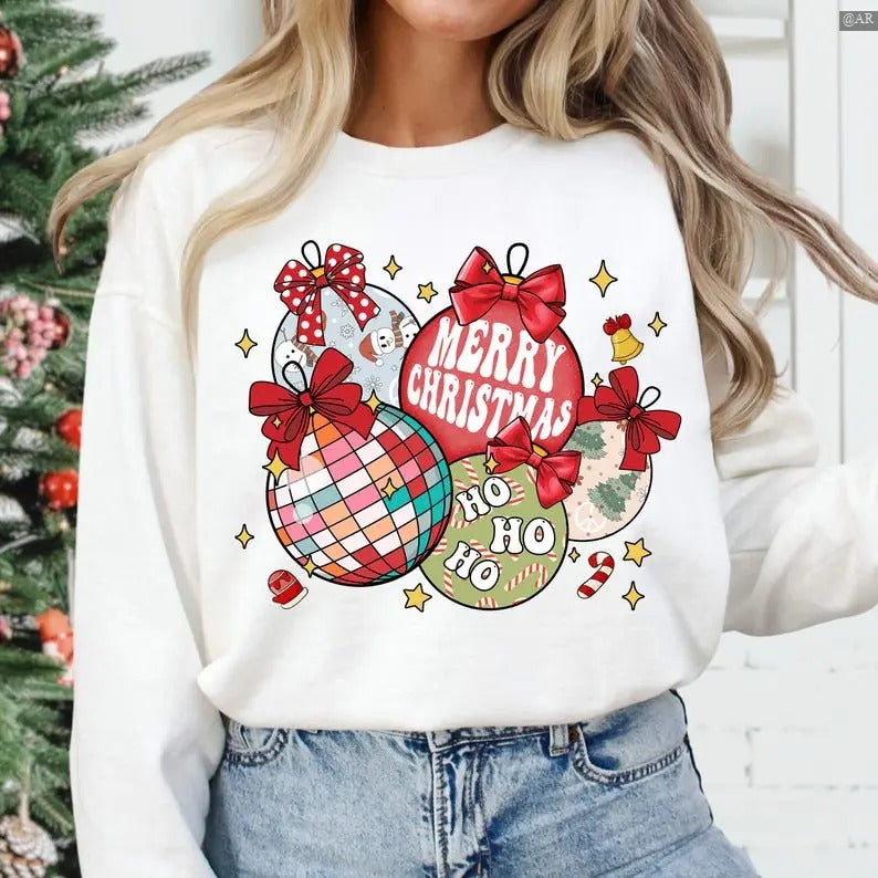Retro Christmas Ornaments Sweatshirt/Hoodie/Tshirt, Christmas Coquette Bow, Retro Crewneck, Gift For Lovers, Cotton,...
