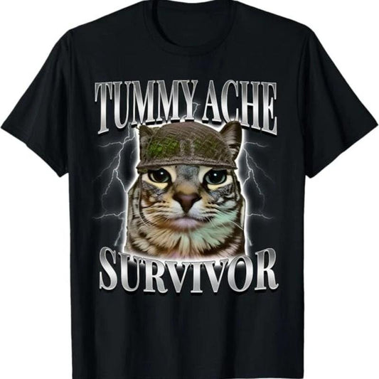 Tummy Ache Survivor Cat Meme Funny Saying Cats Animals T-Shirt, Funny Cat Shirt, Cute Cat Shirt, Love Cat Tshirt, Unisex...