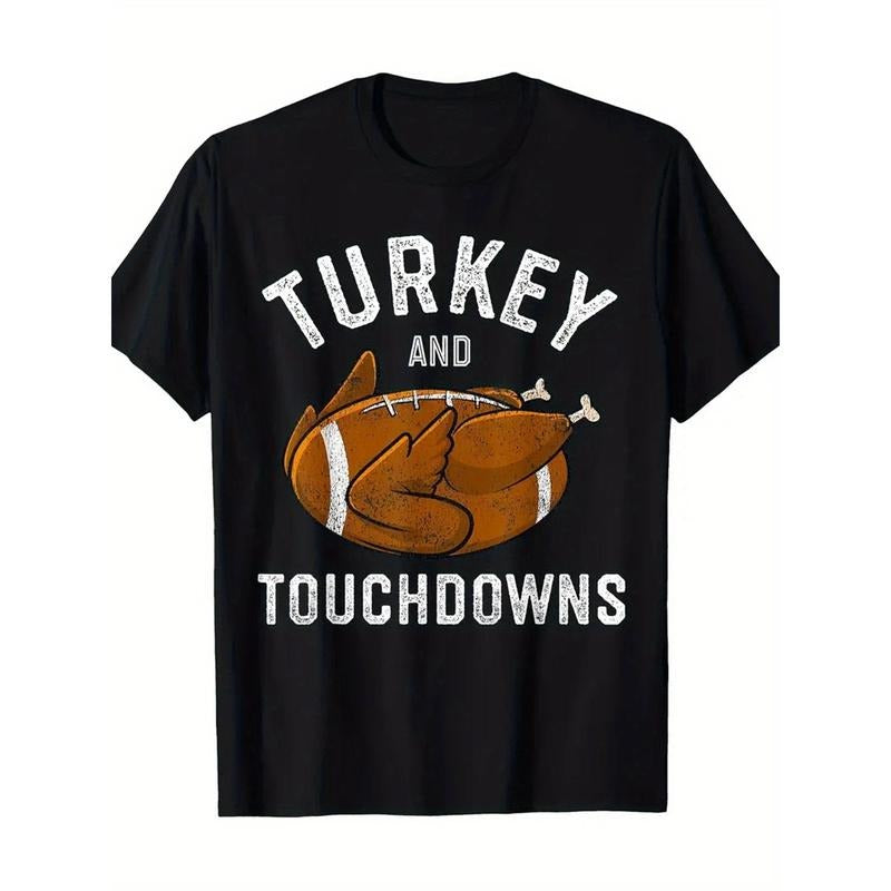 Turkey and Touchdowns Thanksgiving Football Family Matching Premium Print T-Shirt, Casual Crew Neck Short Sleeve Comfort...