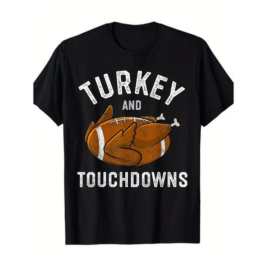 Turkey and Touchdowns Thanksgiving Football Family Matching Premium Print T-Shirt, Casual Crew Neck Short Sleeve Comfort...