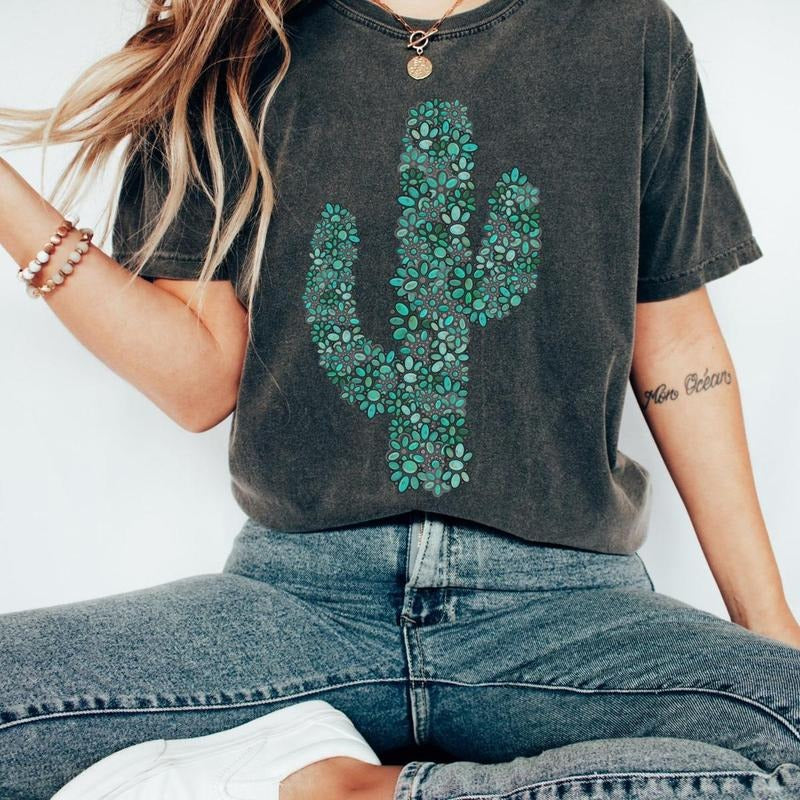 Turquoise Cactus Tee Vintage Inspired Western Aesthetic T-shirt Trendy Western Graphic Tee Cowgirl Aesthetic Tshirt...