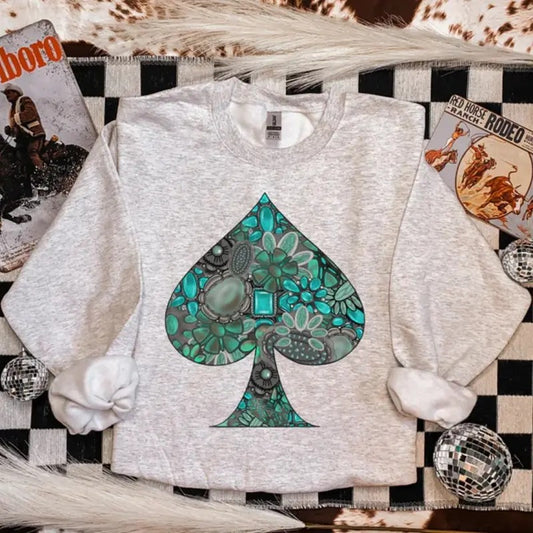 Turquoise Spade Crewneck sweatshirt, graphic tees women, western outfits women, western tops clothing, rodeo cowgirl...