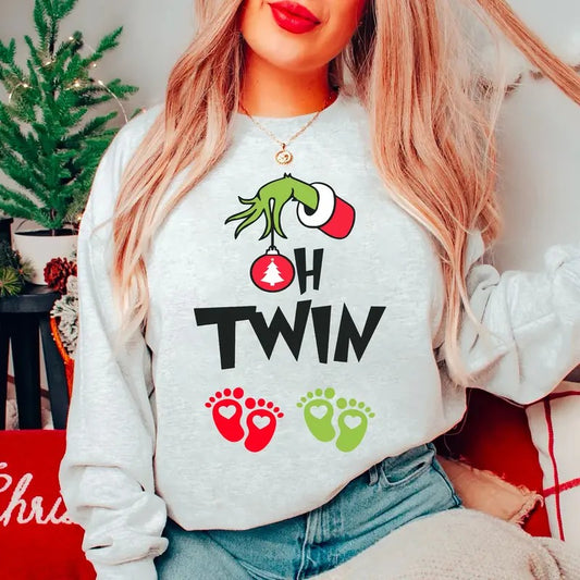 Twin Pregnancy Christmas Sweatshirt, Christmas Pregnancy Reveal Shirt, Oh Twin Shirt, Christmas Holiday Maternity...