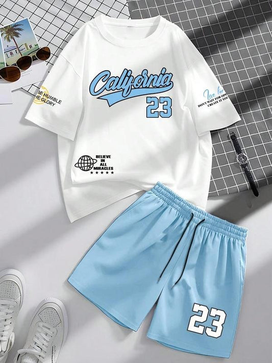 Two-piece Set Men's Letter Graphic Crewneck Shortsleeve Tee & Shorts, Regular Fit Casual Round Neck T-shirt & Track...