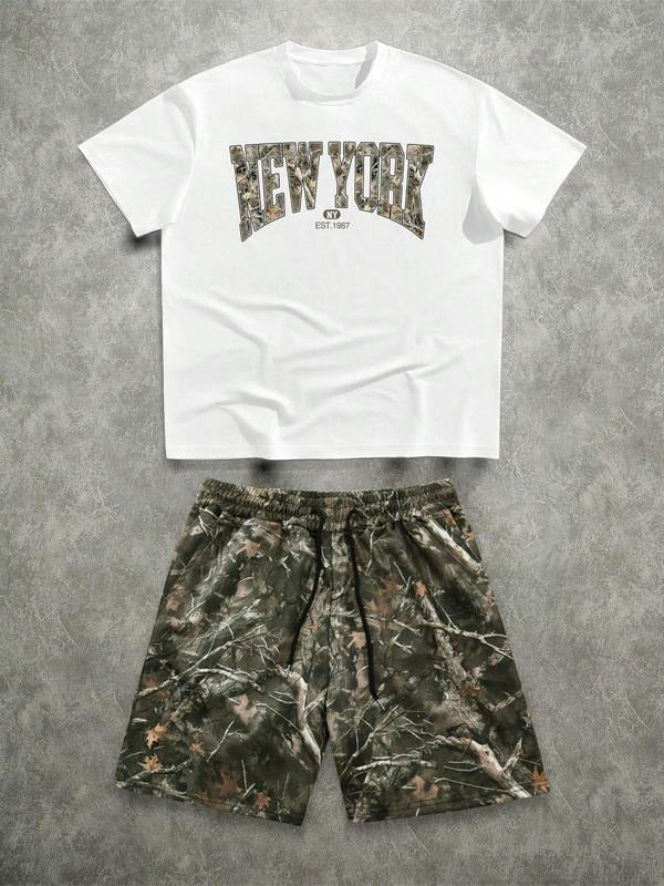 Two-piece Set Men's Regular Fit Camo Print Graphic Tee & Shorts, Casual Short Sleeve T-shirt & Shorts, Men's Summer...