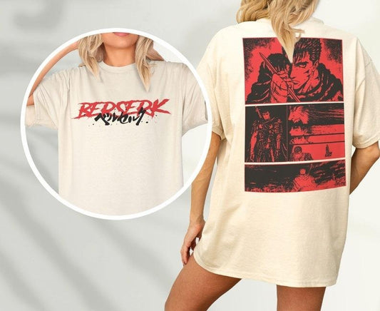 Two sided Anime Graphic T-Shirt, Grunge 90s Japanese Manga Tee Shirt with back Print, Go Berserk for Retro Character...