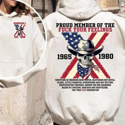Two-sided Custom Gen X T-shirt, Proud Member Of The Fck Your Feelings 1965