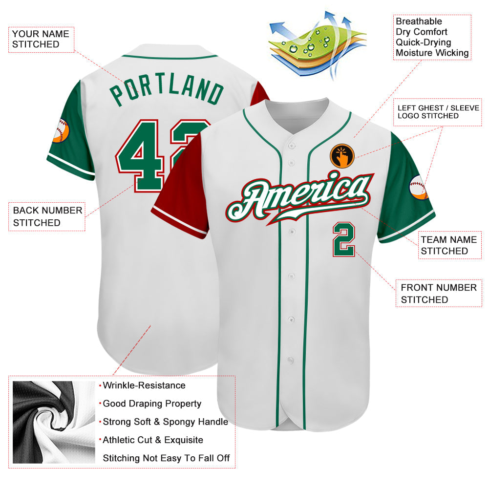 Custom White Kelly Green-Red Authentic Two Tone Baseball Jersey