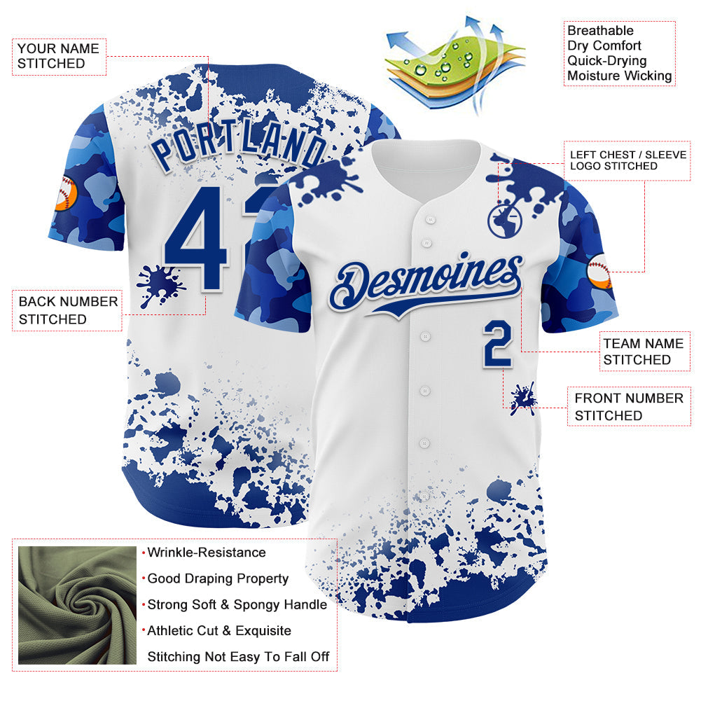Custom White Royal Splatter Camo Two Tone Authentic Baseball Jersey