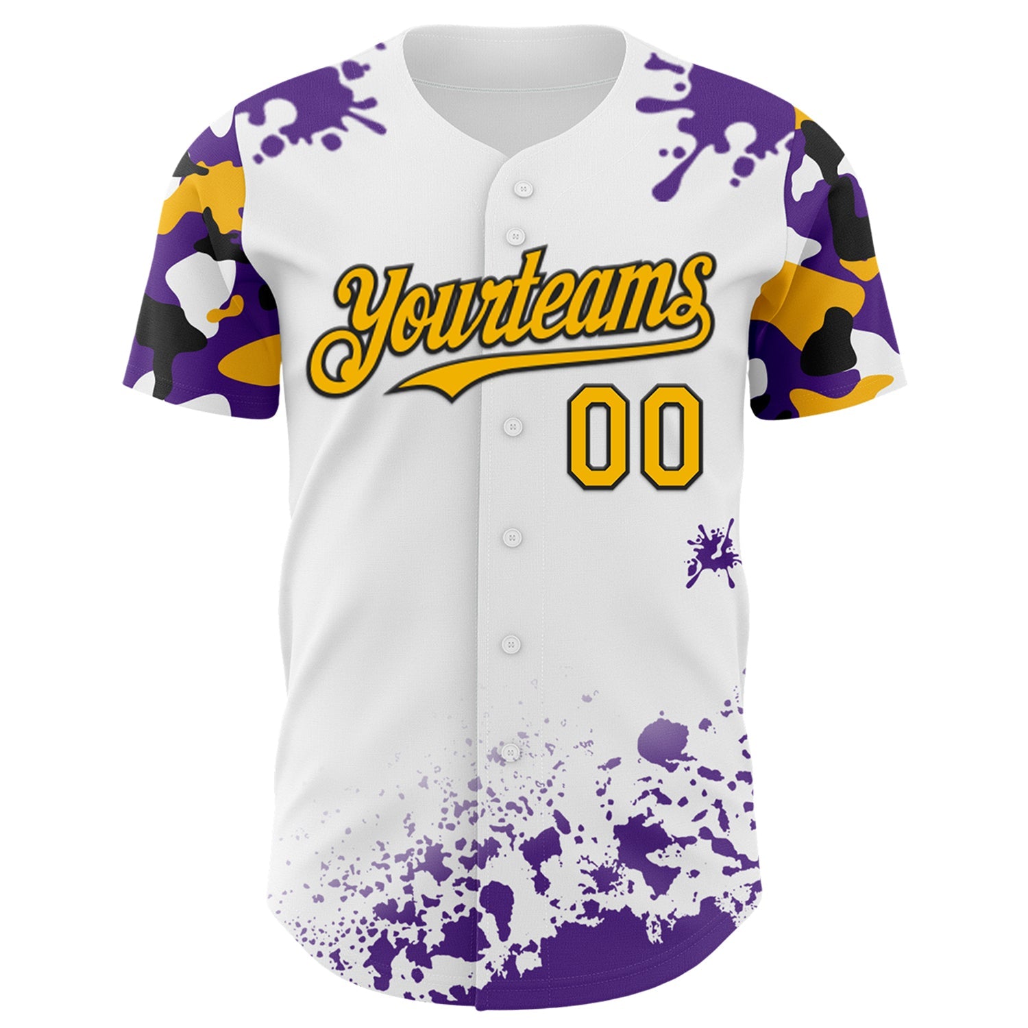 Custom White Gold Black-Purple Splatter Camo Two Tone Authentic Baseball Jersey