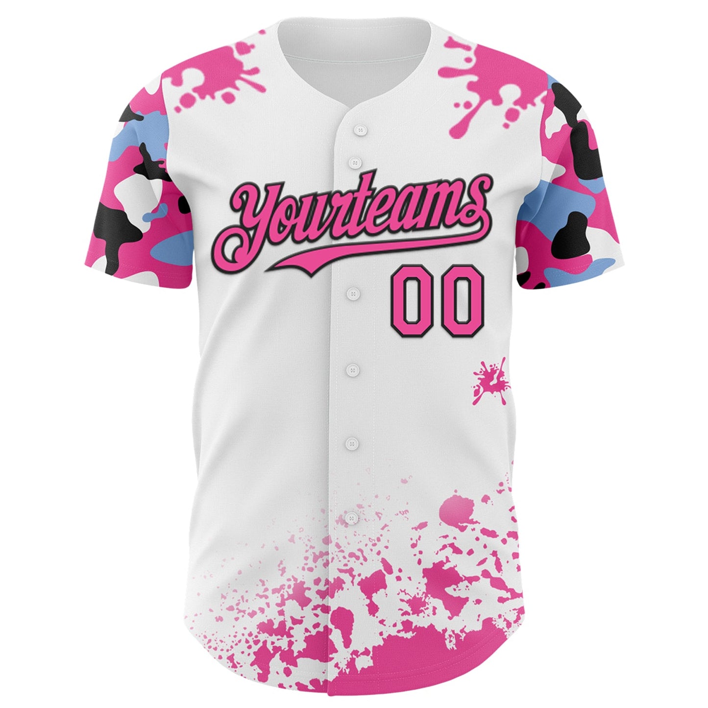 Custom White Pink Black-Blue Splatter Camo Two Tone Authentic Baseball Jersey