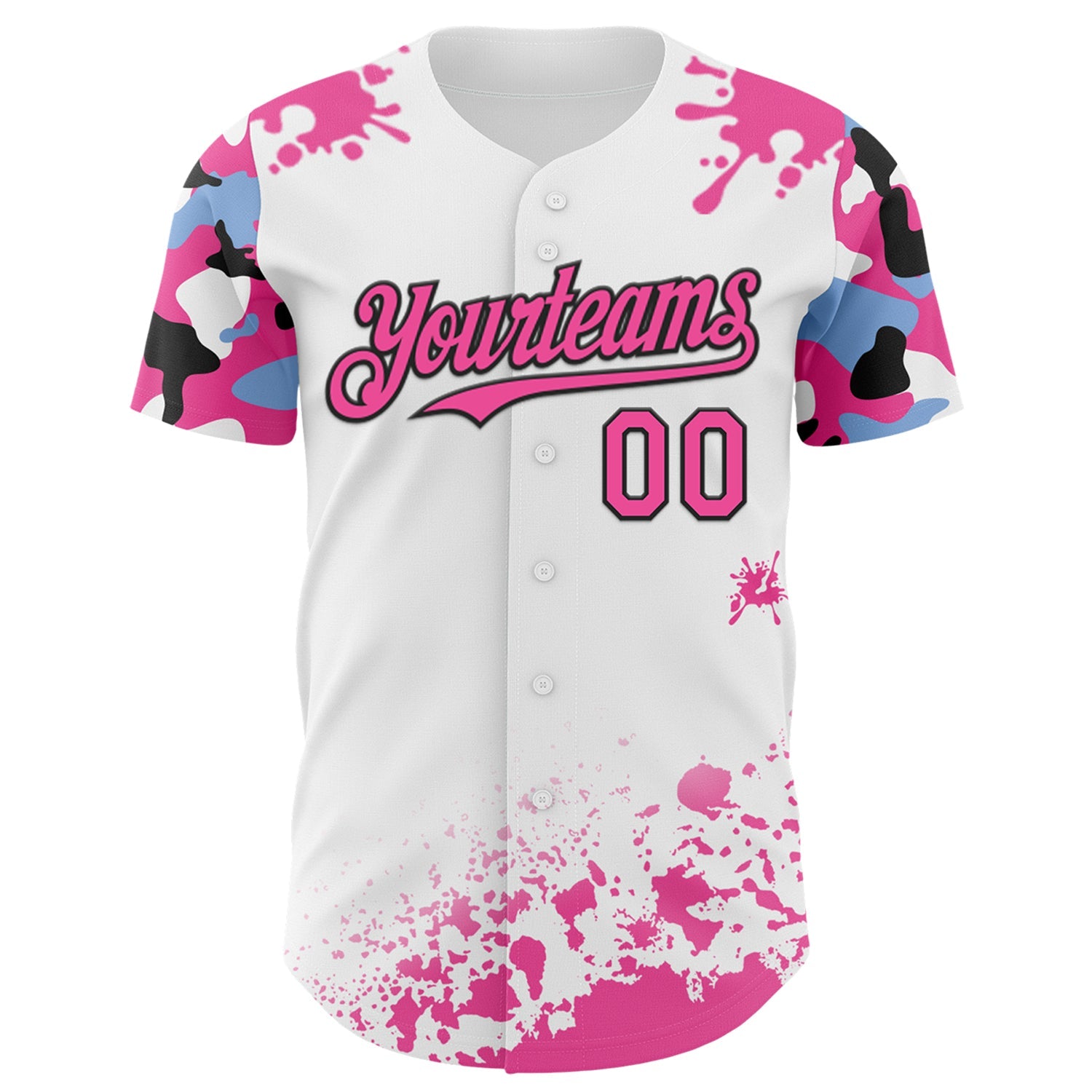 Custom White Pink Black-Blue Splatter Camo Two Tone Authentic Baseball Jersey